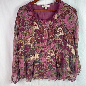 COLDWATER CREEK Women's Long Sleeve Button Overlay Blouse Size PM Paisley Boho